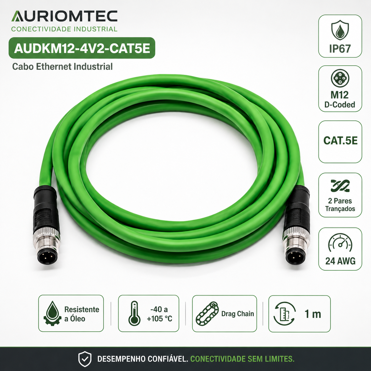 CABO DATA Ethernet Profinet 1 metro blindado PVC verde CAT5E com duplo conetor M12 Tipo D 4 vias AUDKM12-4V2-CAT5E